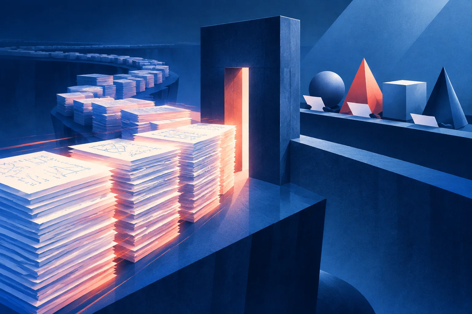 A large stack of AI-generated proofs approaches a narrow peer-review gateway.