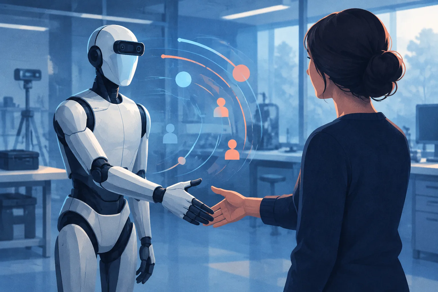 An anonymous person instinctively greets a humanoid robot in a laboratory.