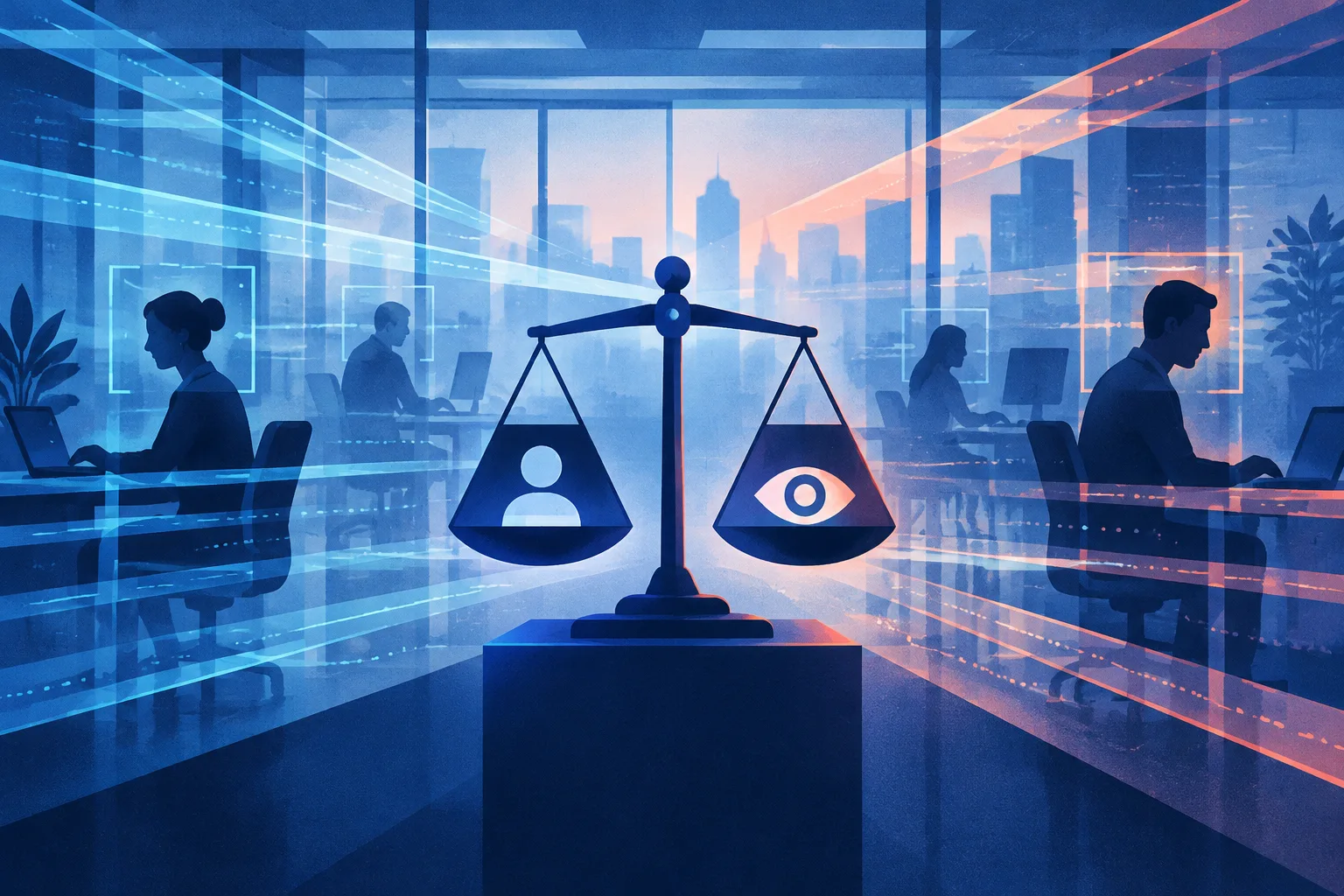 Anonymous office workers beneath abstract AI monitoring layers and a scale balancing privacy with oversight.