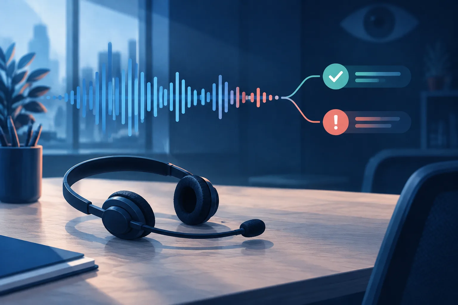 An empty customer-service desk with abstract audio waves becoming automated evaluation markers.