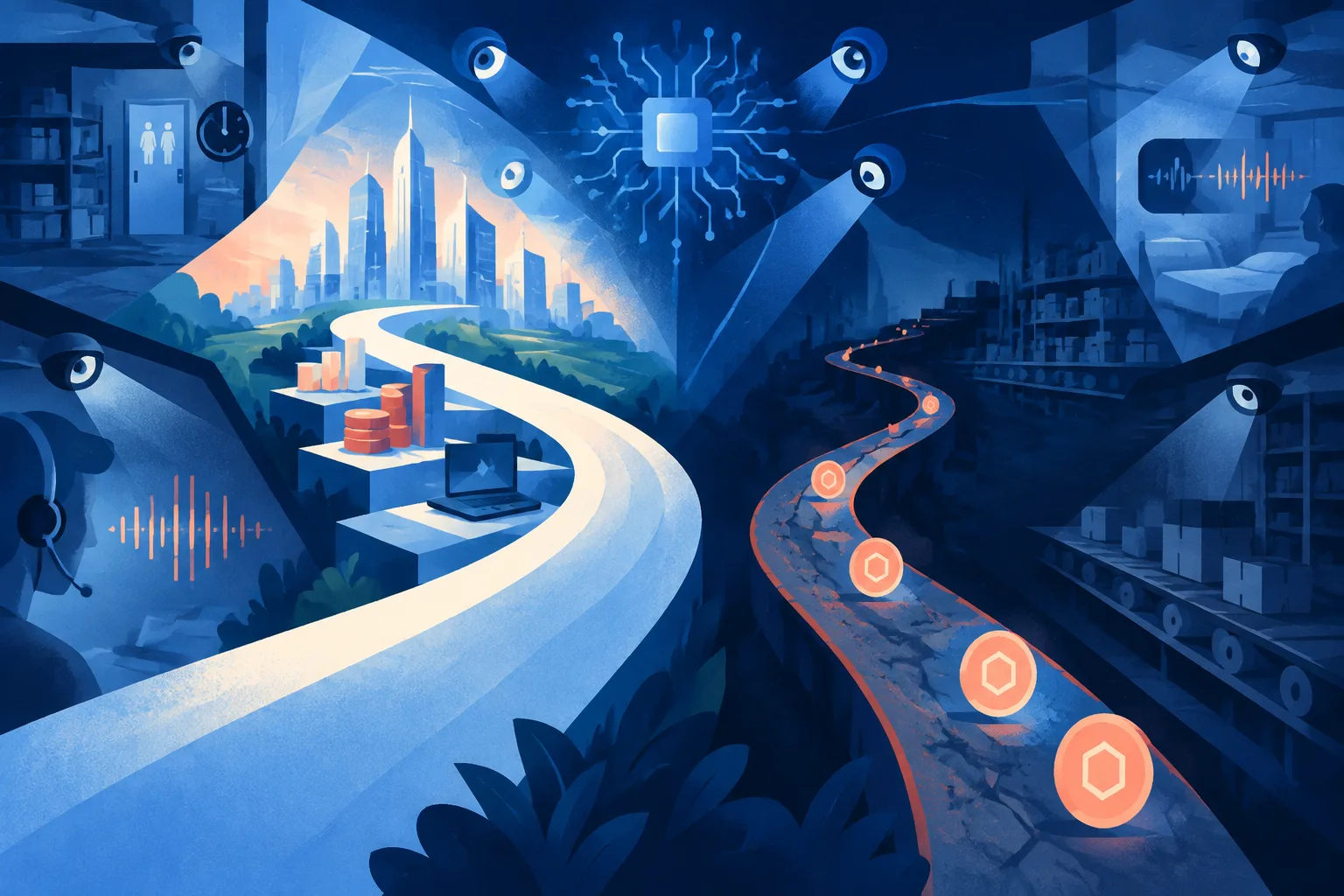 Abstract pathways contrast access to AI investment with precarious task work and uncertain rewards.