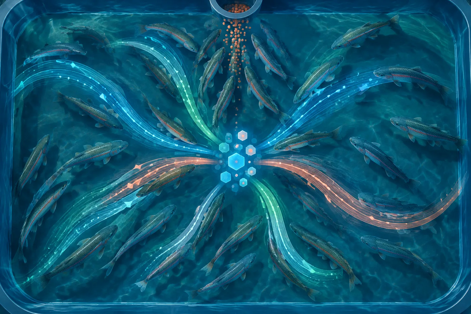 Top-down illustration of trout trajectories becoming abstract behavioral evidence tokens.