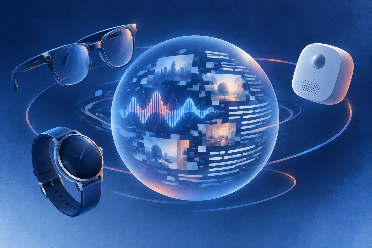 Glasses, a watch, and a home sensor surround a memory sphere where sound and images become abstract symbols.