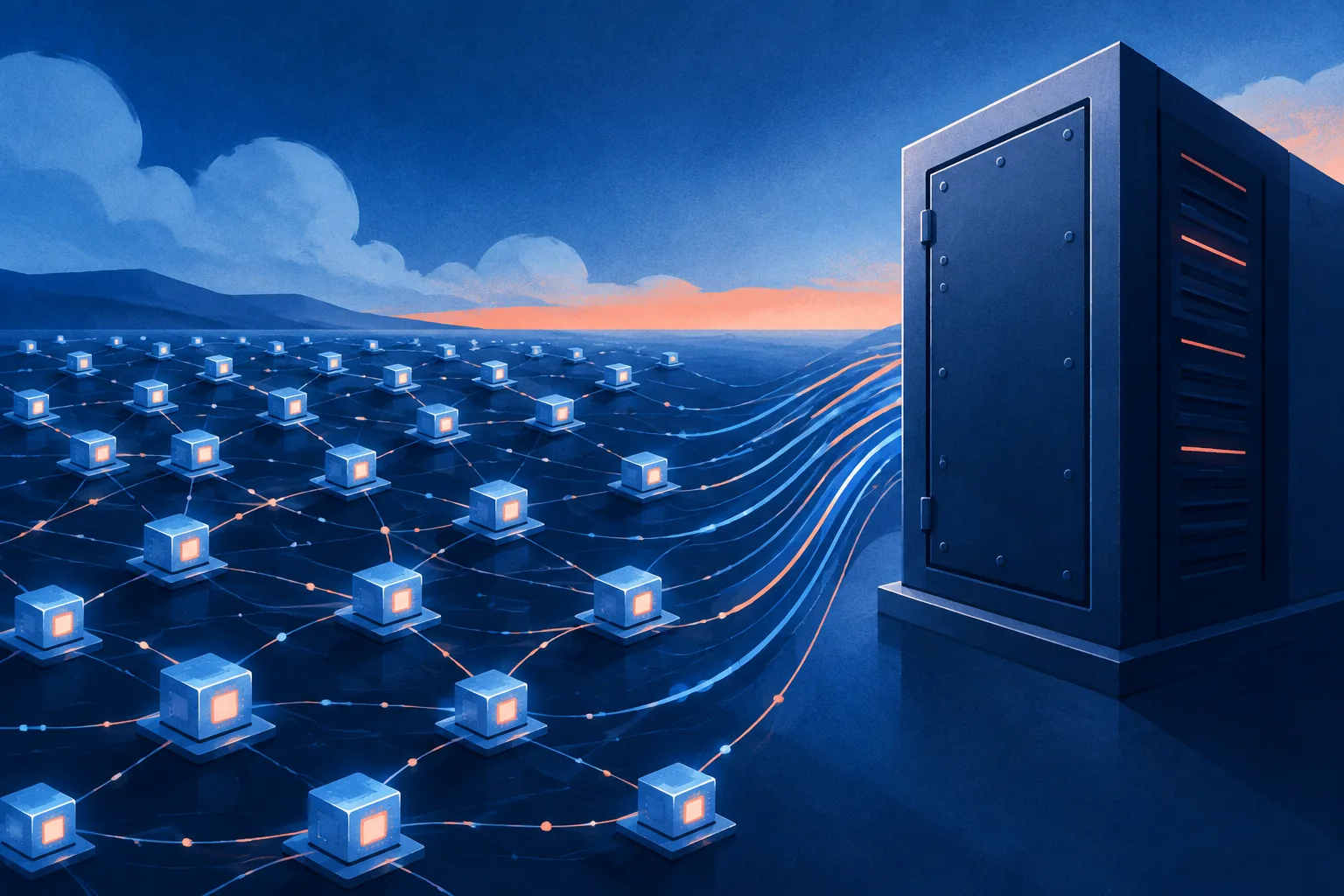 Distributed AI nodes contrast with one oversized locked server.