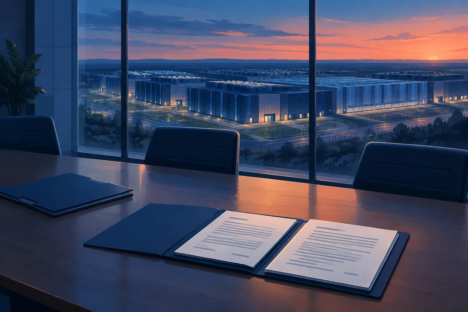 An open public document faces a glowing data center beyond a civic meeting room.