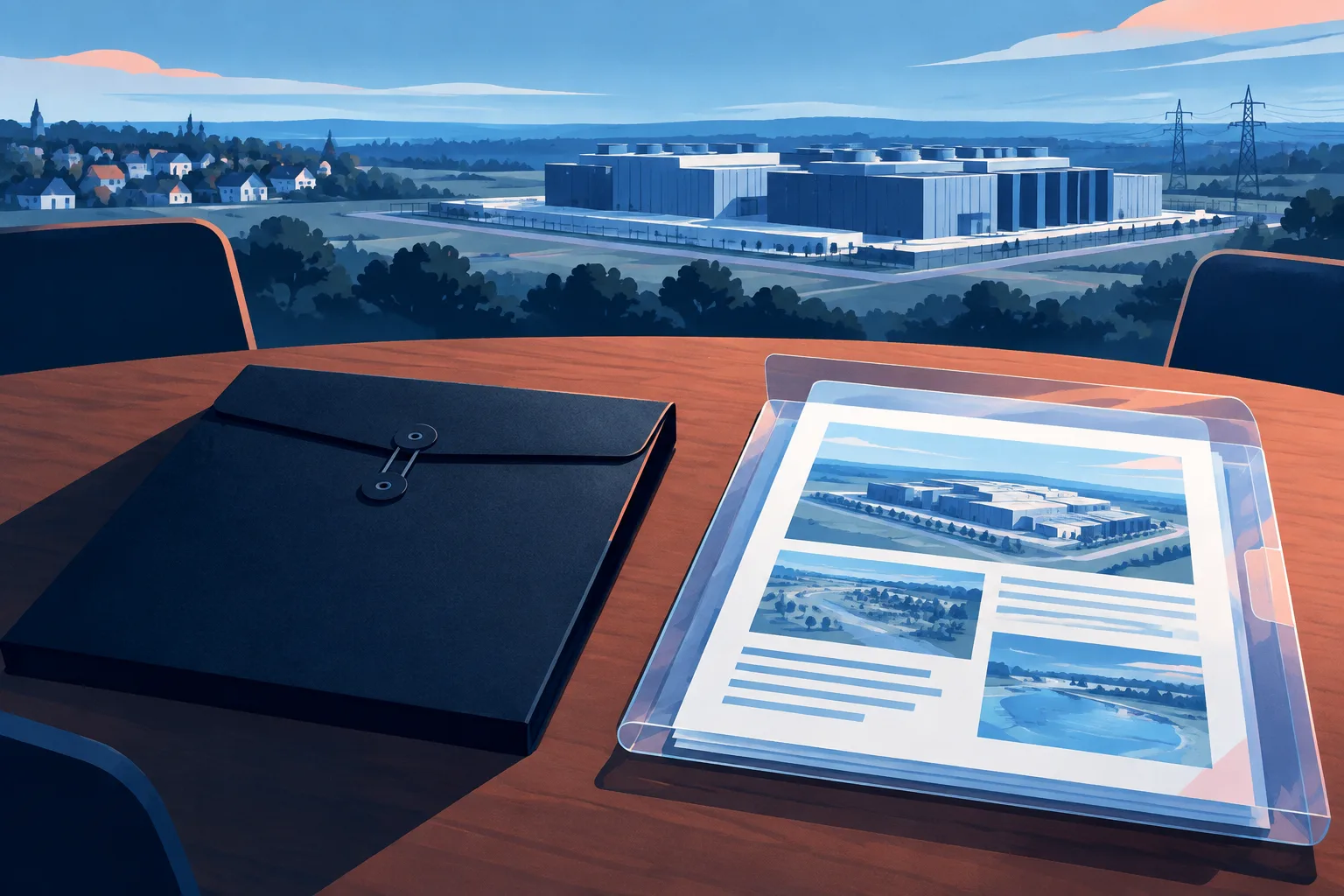 A sealed folder and a transparent project file divide a municipal planning table.
