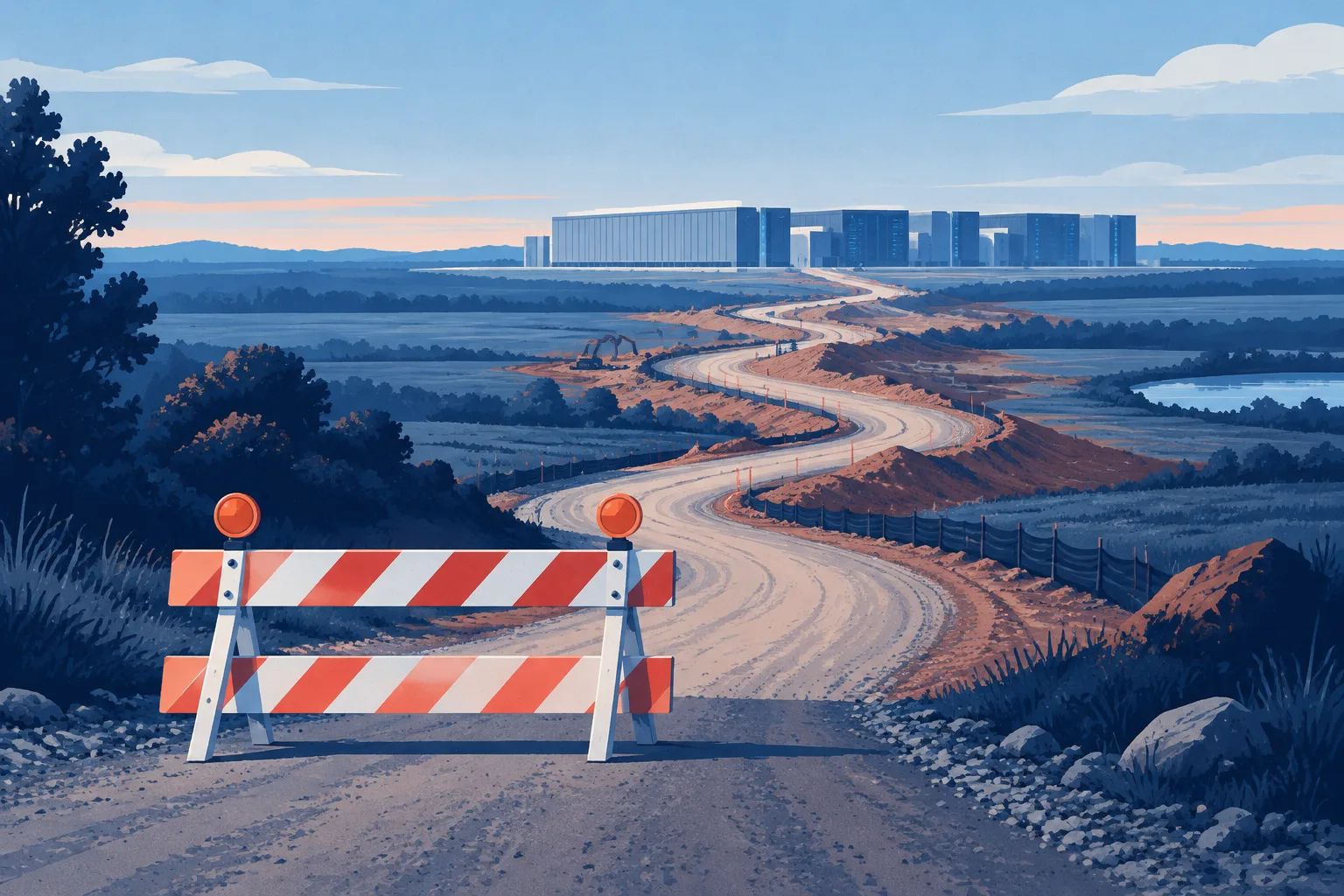 A temporary barrier sits before a long construction road leading to a data center.