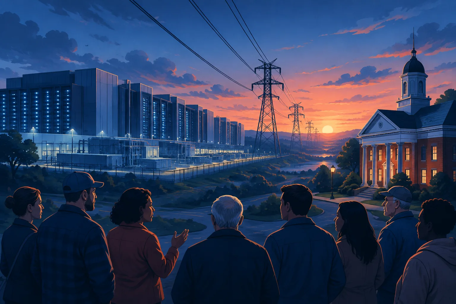 Editorial illustration of a data center facing community scrutiny at dusk.