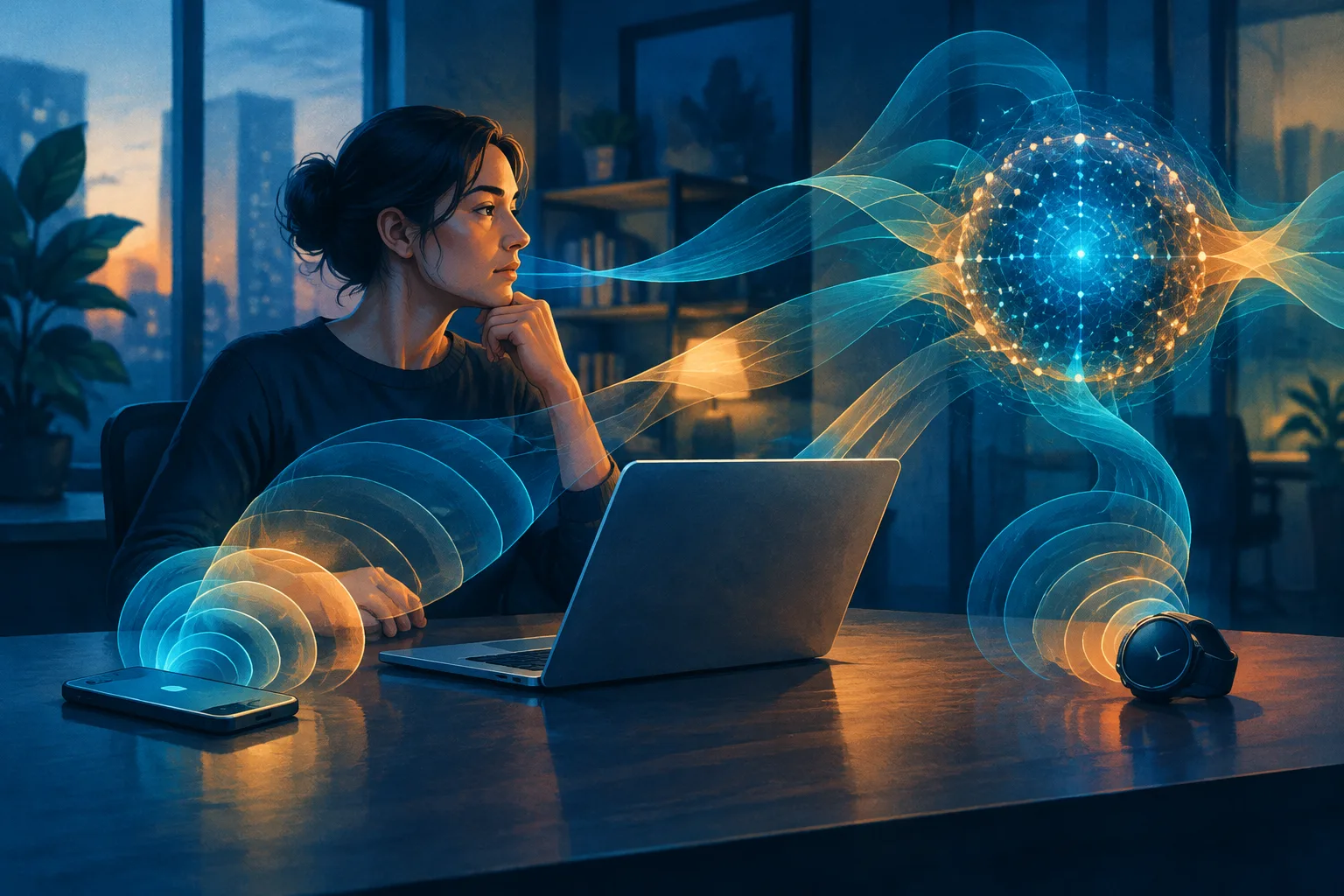 An office worker surrounded by devices sending sound waves toward an abstract AI core.
