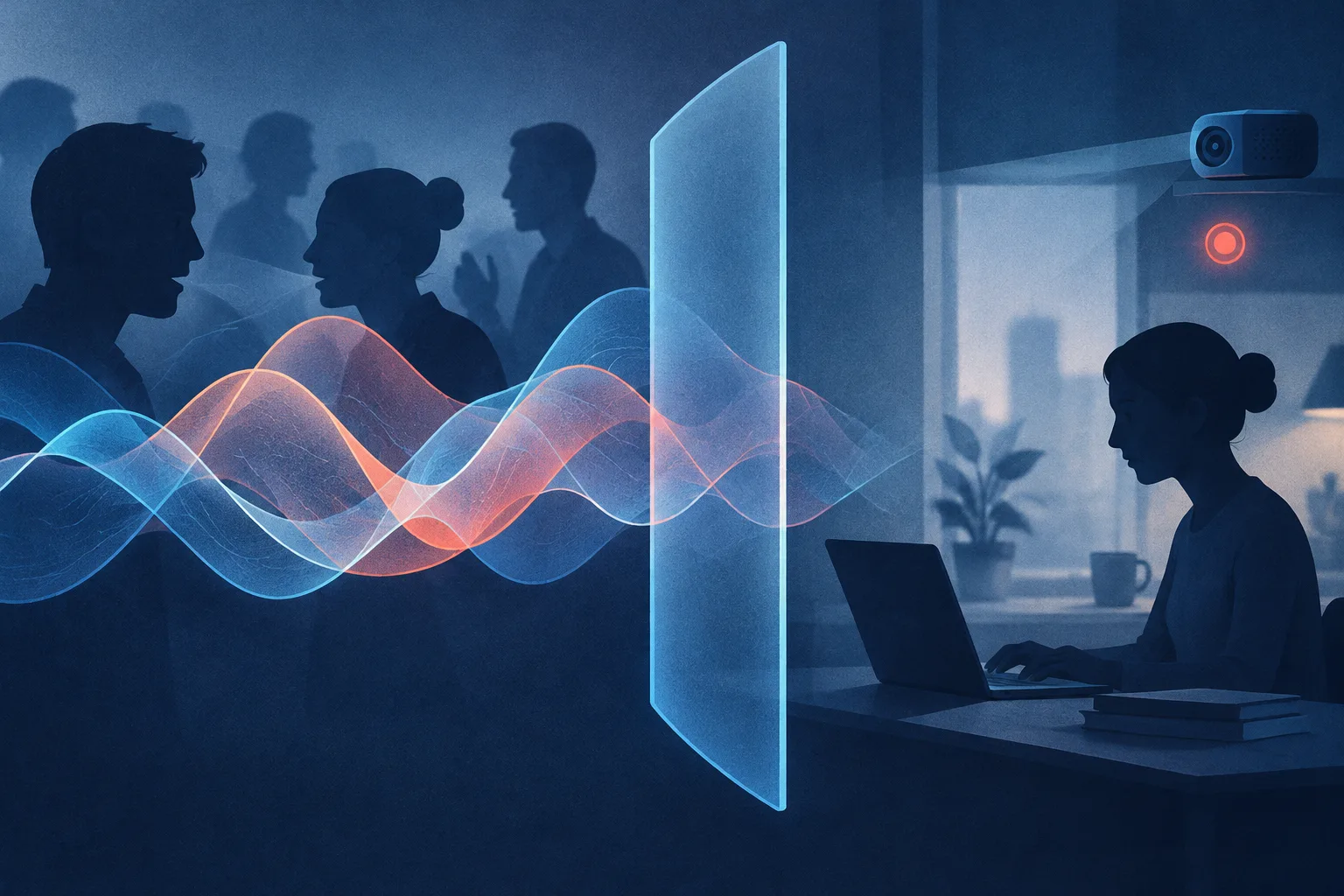 Anonymous figures and speech waves separated by a translucent privacy boundary.
