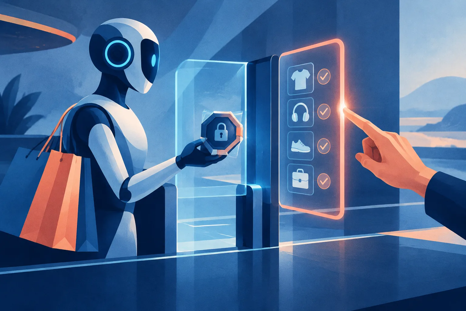 An abstract AI shopper presents a secure token after a human confirms the boundaries of a purchase.