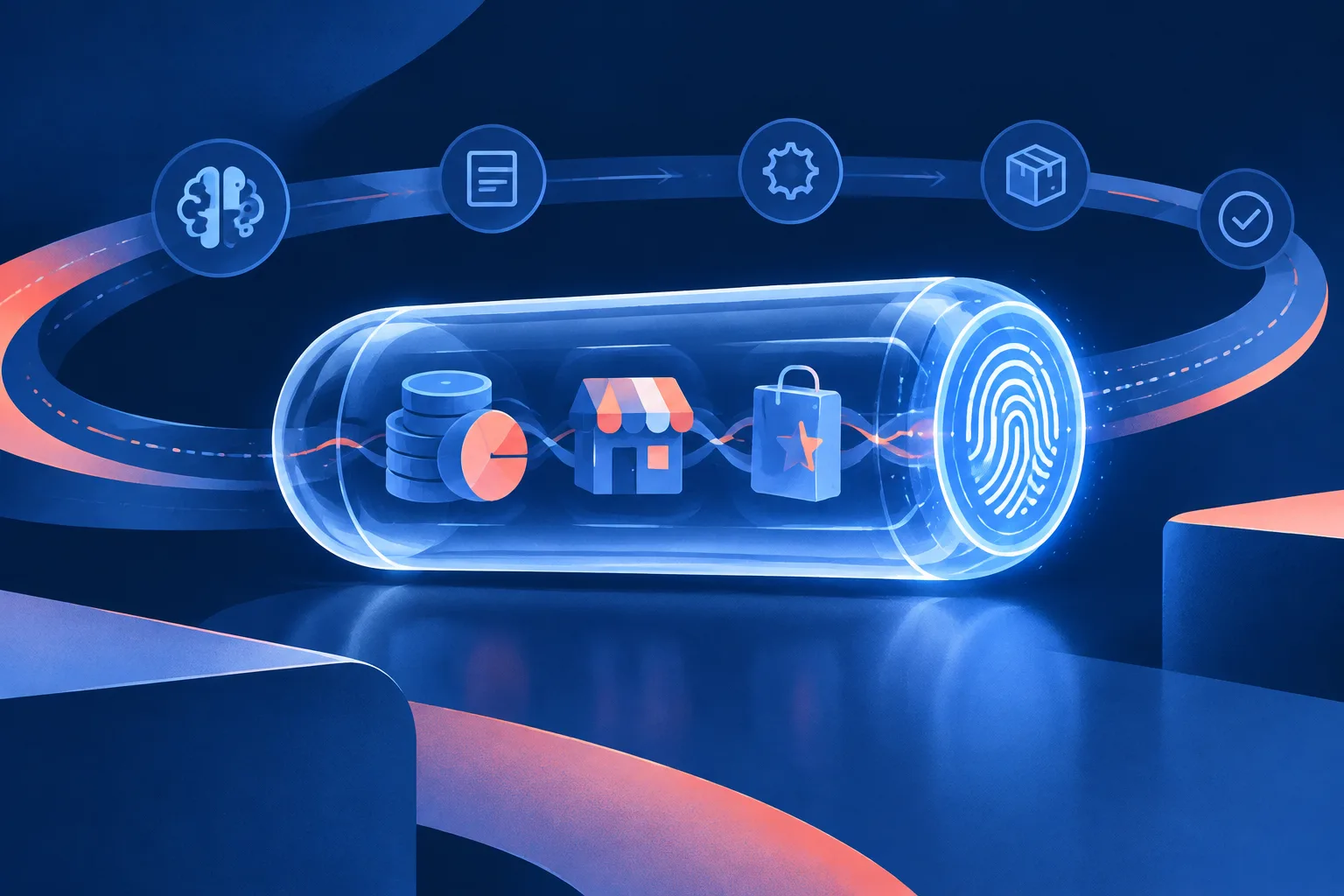 A secure abstract capsule holds budget, merchant and product-preference constraints.