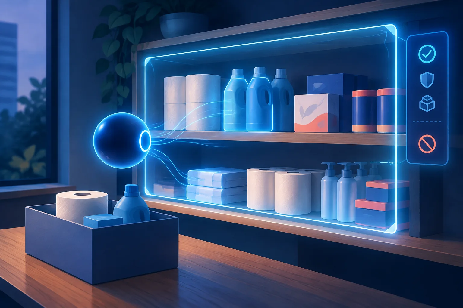 An abstract AI reorders household supplies within a visible perimeter for price and quantity limits.