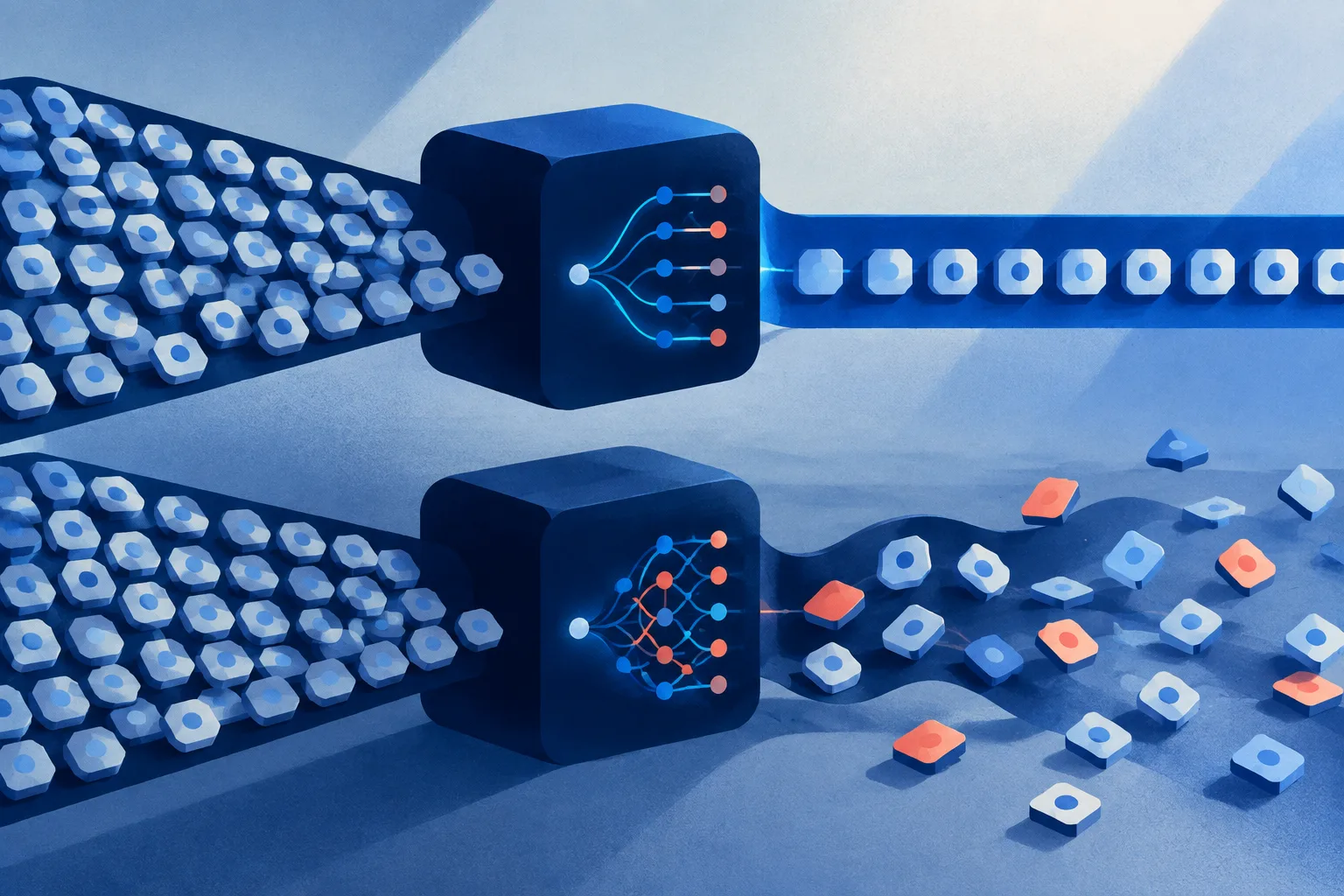 Two abstract systems sorting many similar tool choices with different stability.