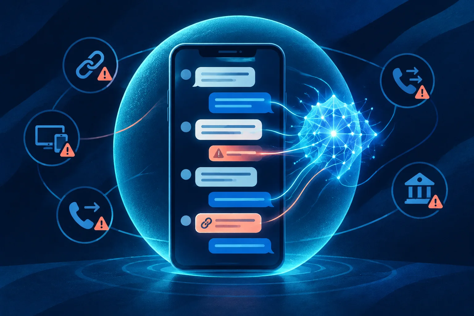 Abstract AI protection system examining suspicious messages on a generic smartphone.