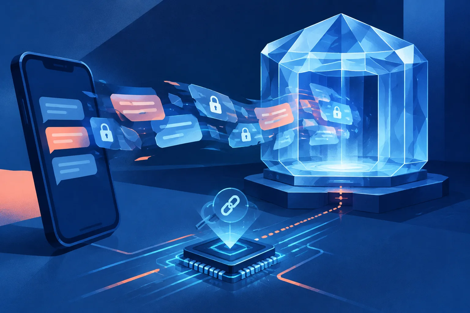 Encrypted messages enter a secure chamber while an on-device chip examines a link.