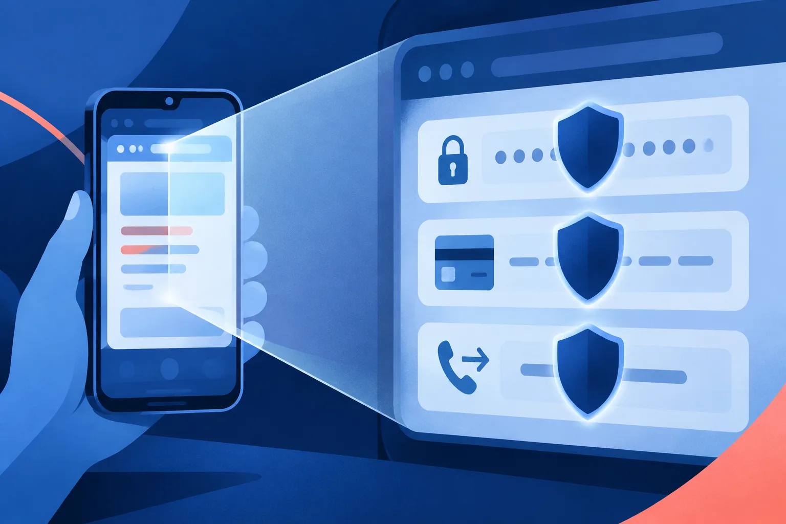 Privacy shields hide financial details and call-forwarding controls during a phone interaction.