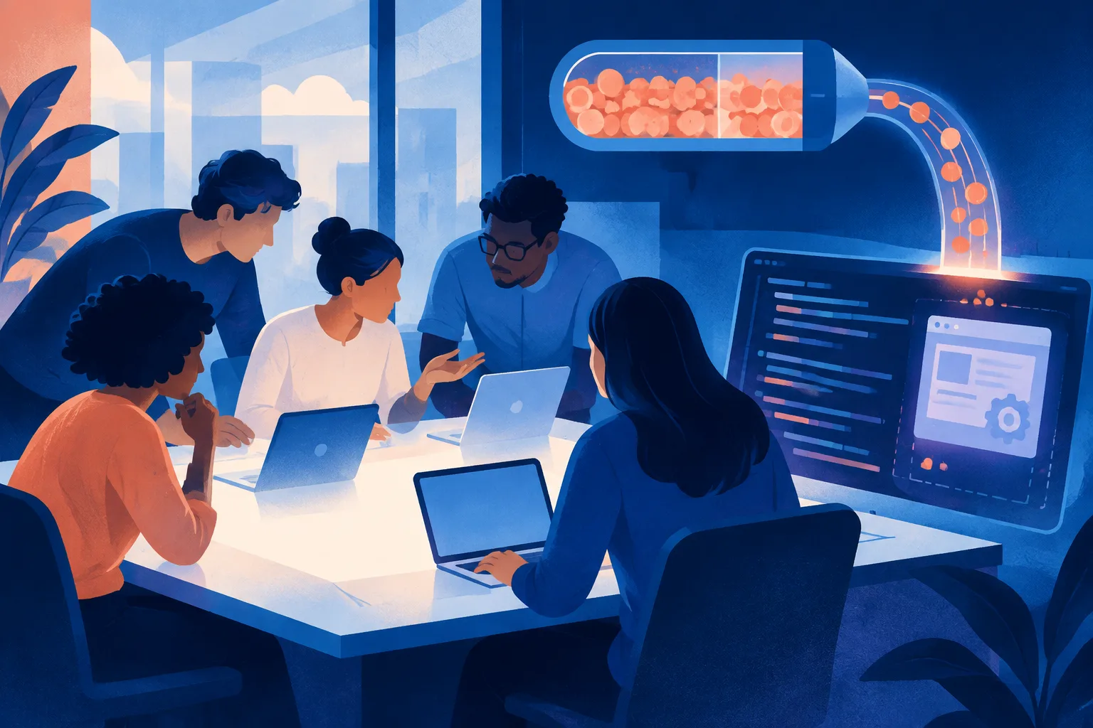 Five collaborators use a shared AI workspace beside a software prototype.