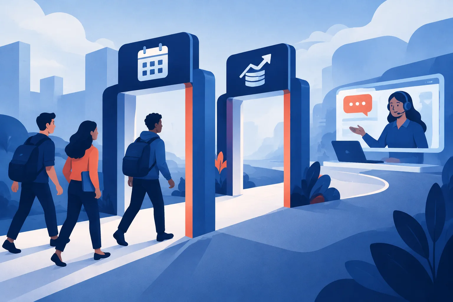 A startup passes age and funding gates toward technical support.