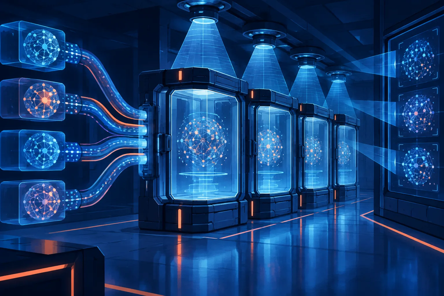 AI processes enter sealed containment cells under continuous monitoring beams.
