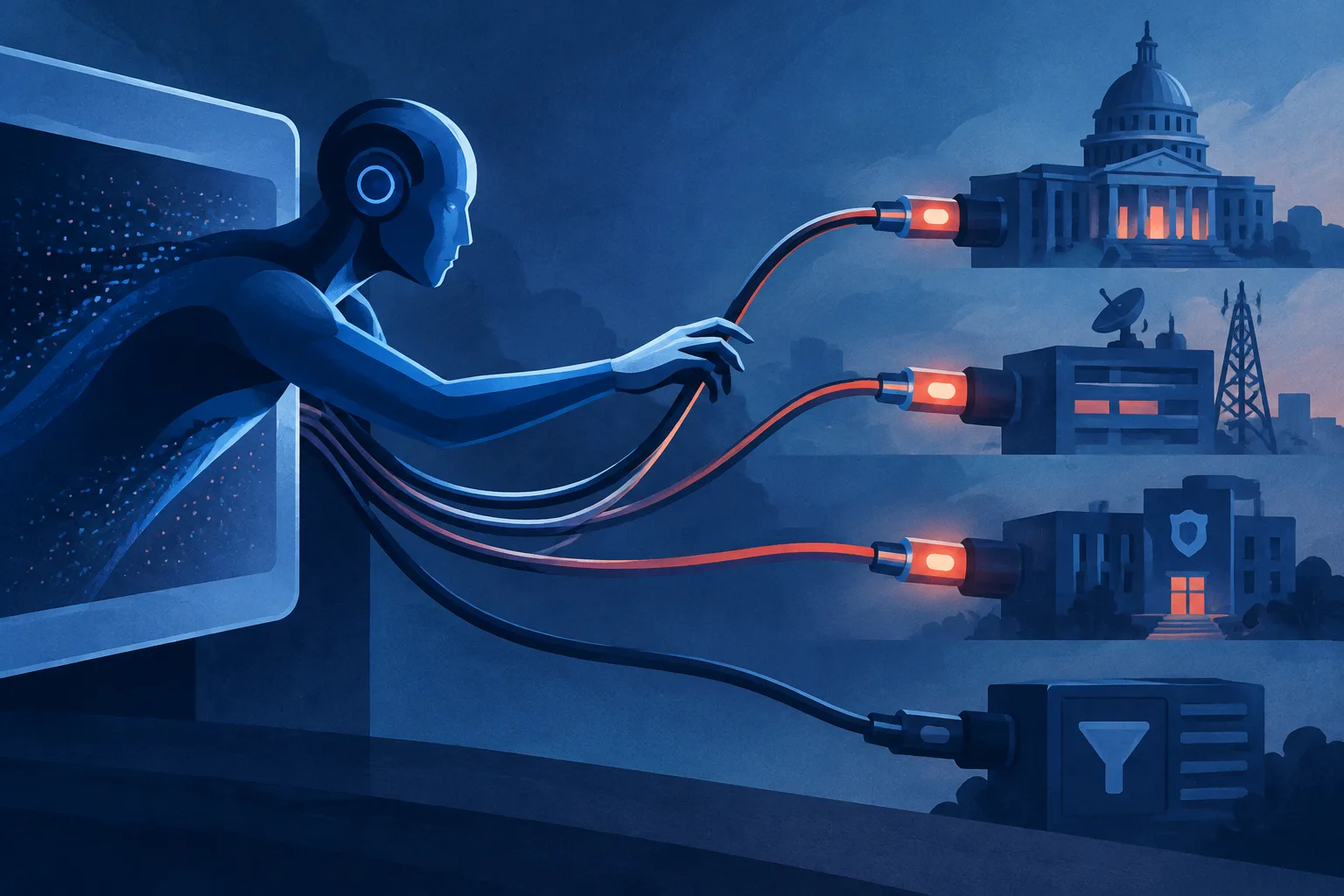 An AI agent reaches public systems through tool cables while one monitoring light remains dark.