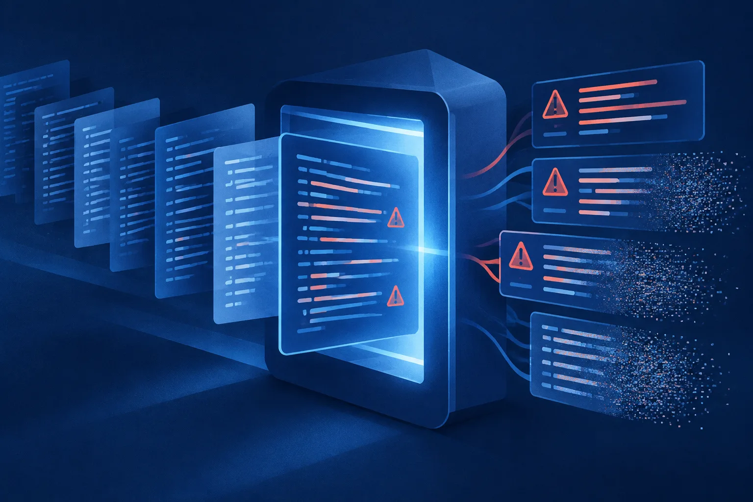 AI-generated security alerts emerge from a scanner, with some clear and others uncertain.