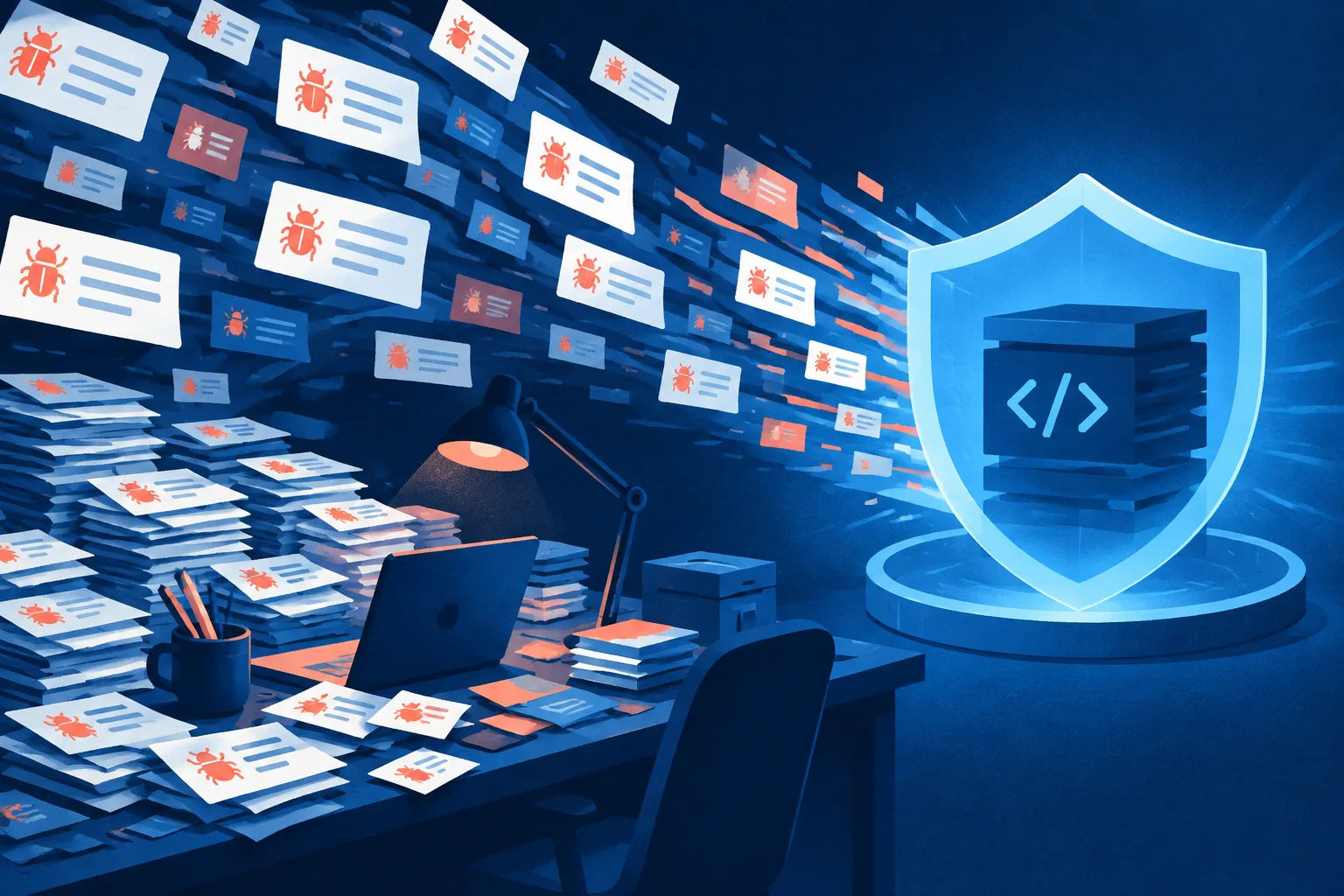 A maintainer’s workbench is crowded with automated bug reports beside a protective software shield.
