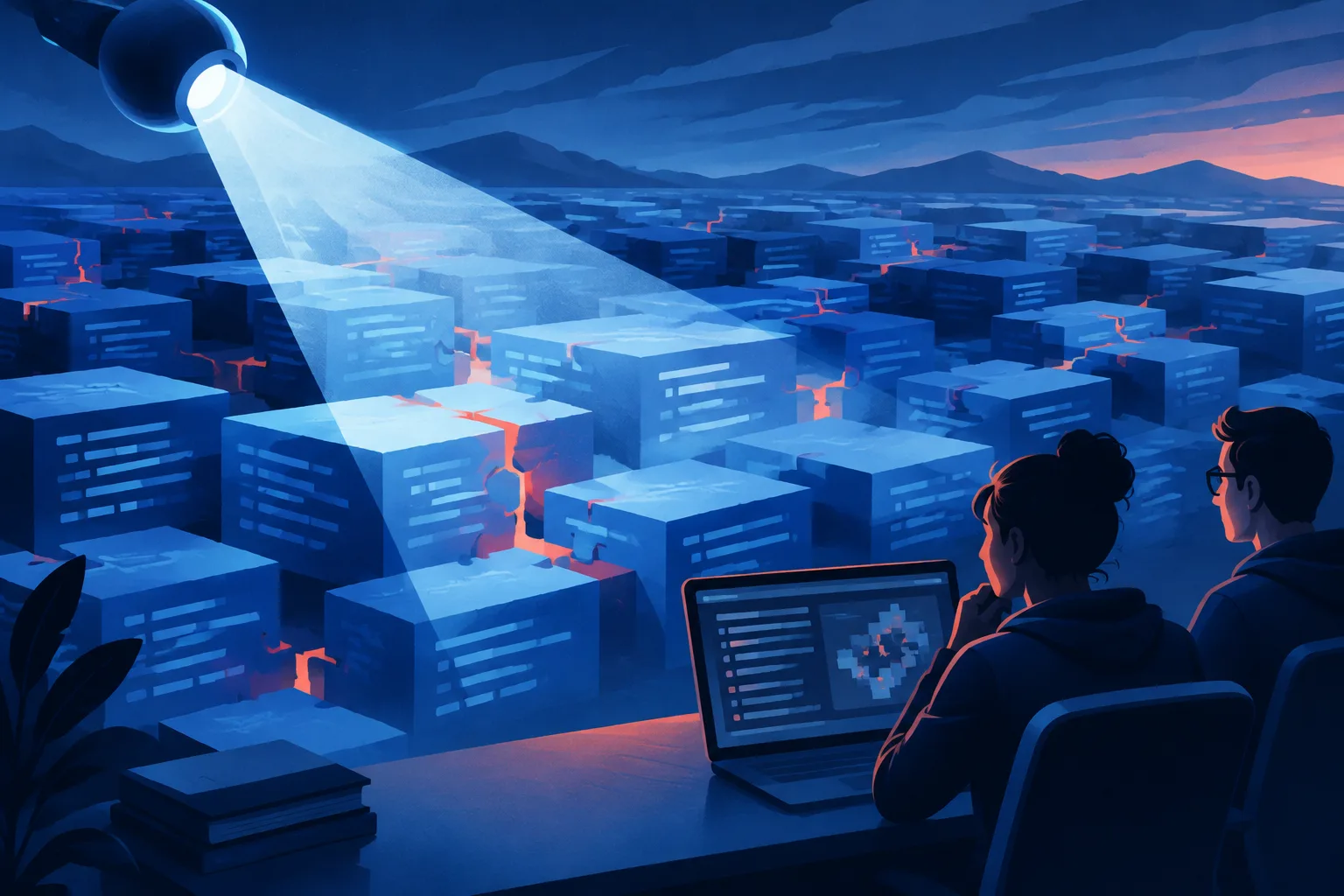 An AI searchlight reveals vulnerabilities across a landscape of open-source code blocks.