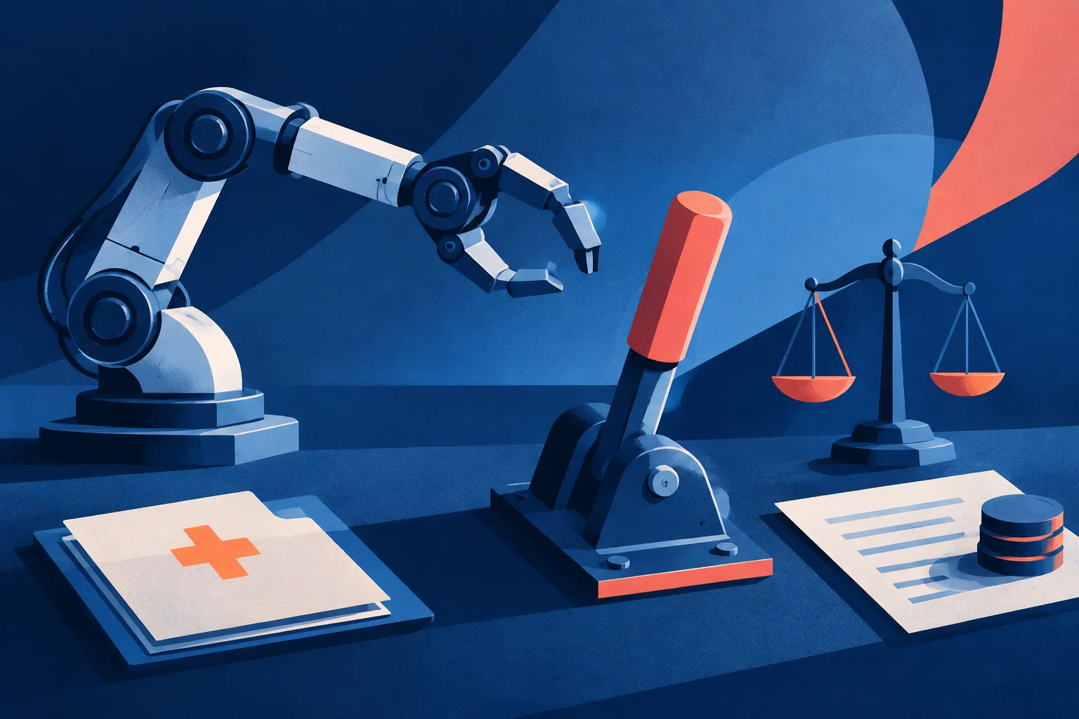 A safety lever stops an autonomous machine beside symbols for high-risk decisions.