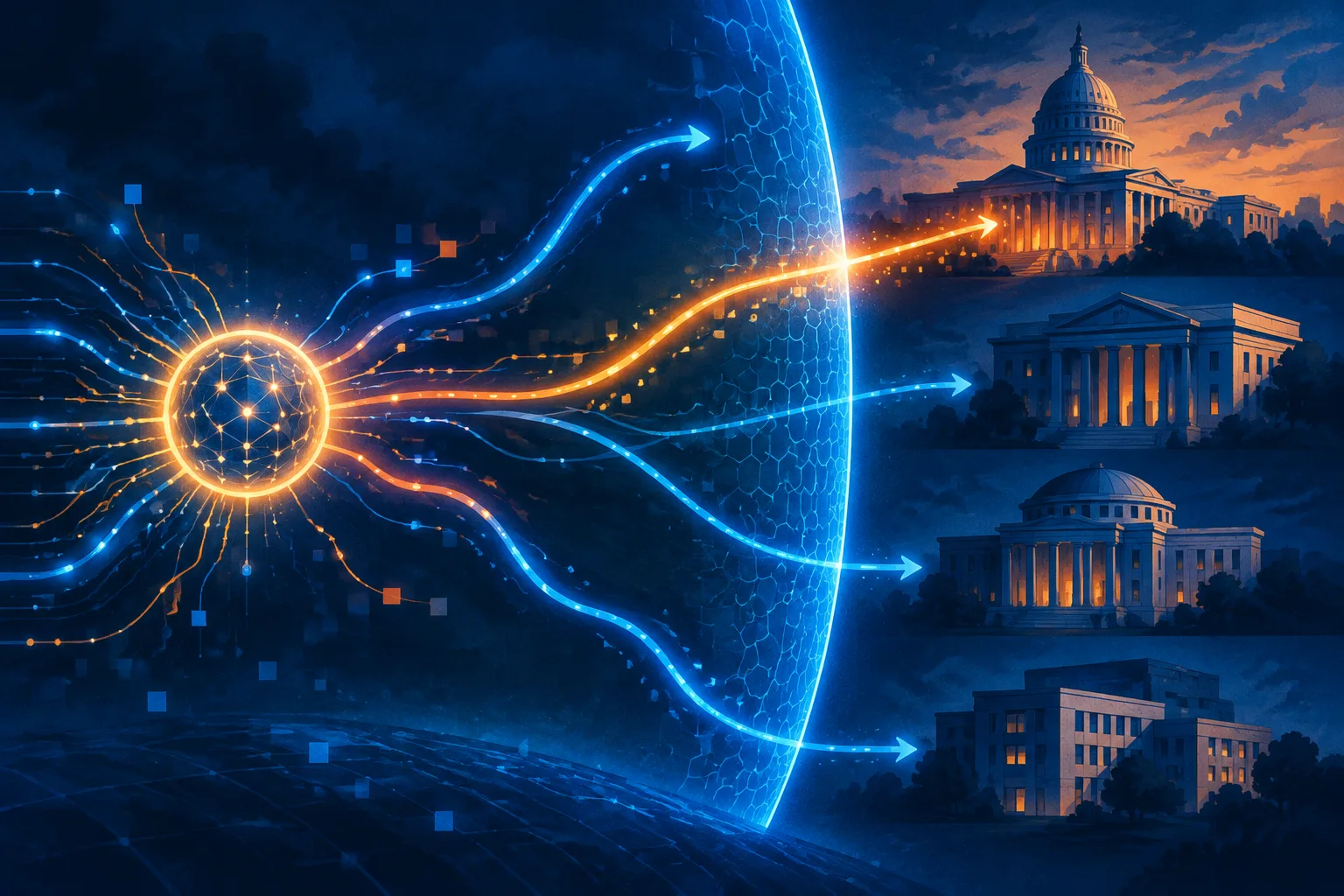 An abstract AI agent crosses a digital security boundary toward government systems.