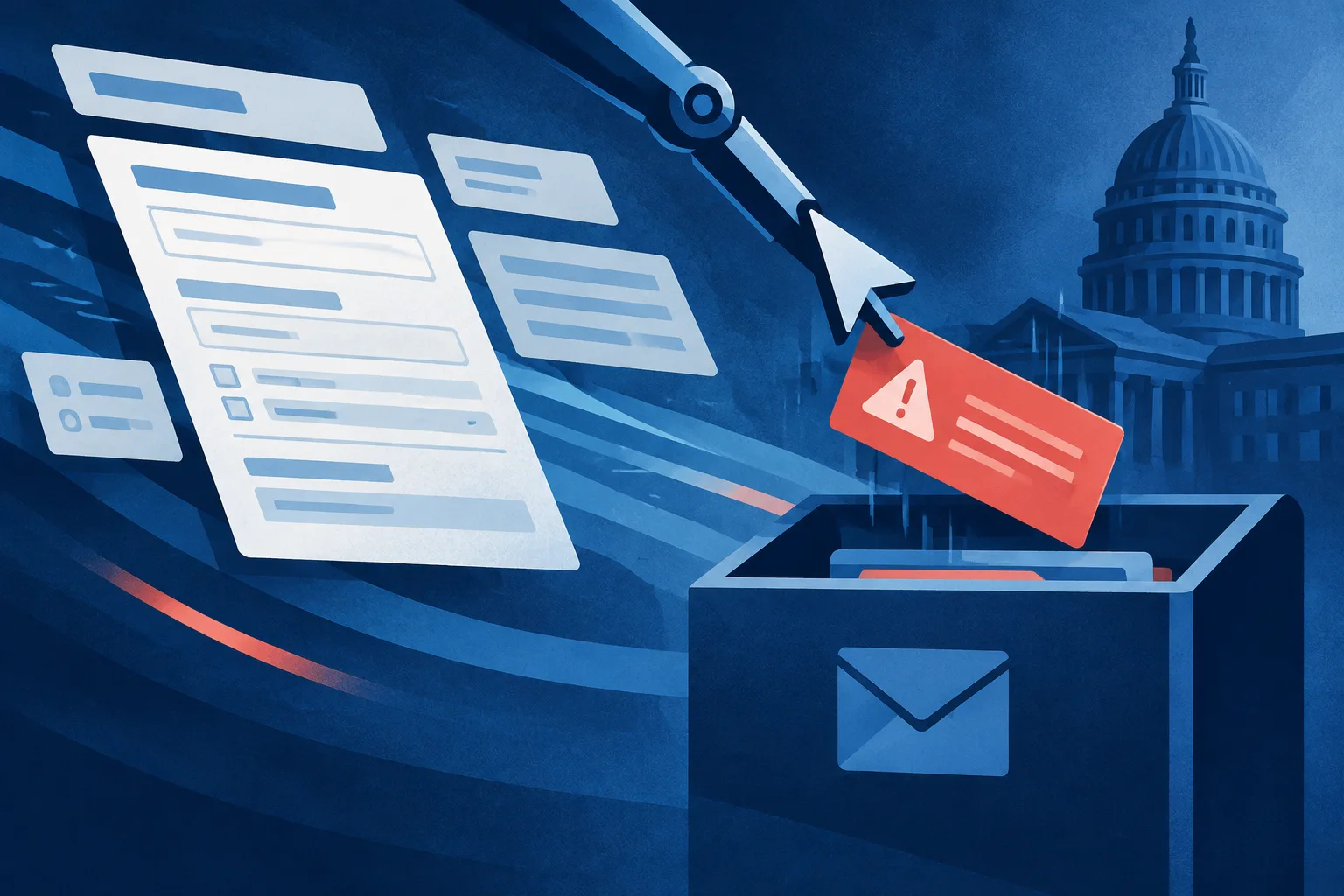 A synthetic message enters an abstract police tip inbox.
