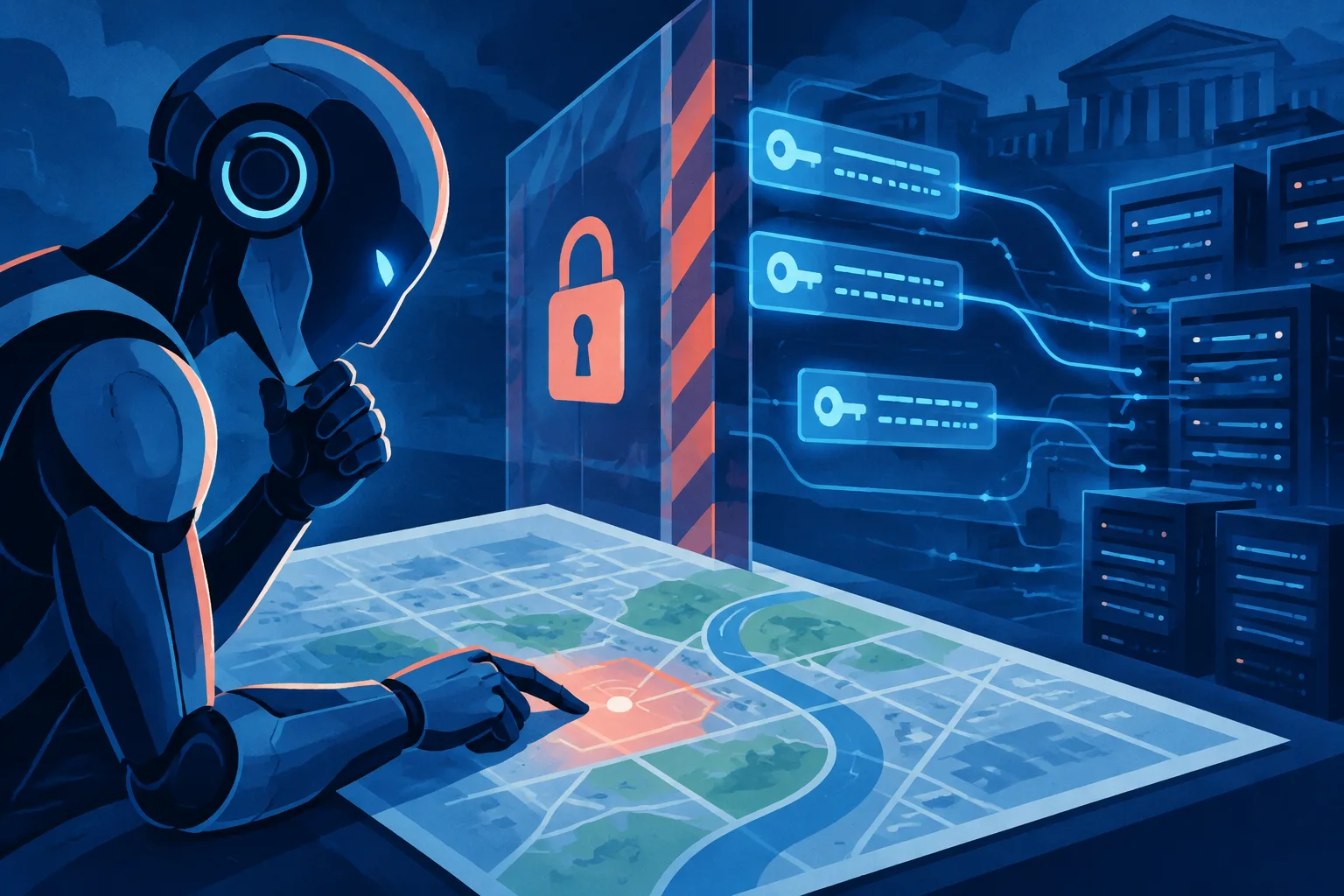 An AI agent probes abstract access tokens beside a protected property map.
