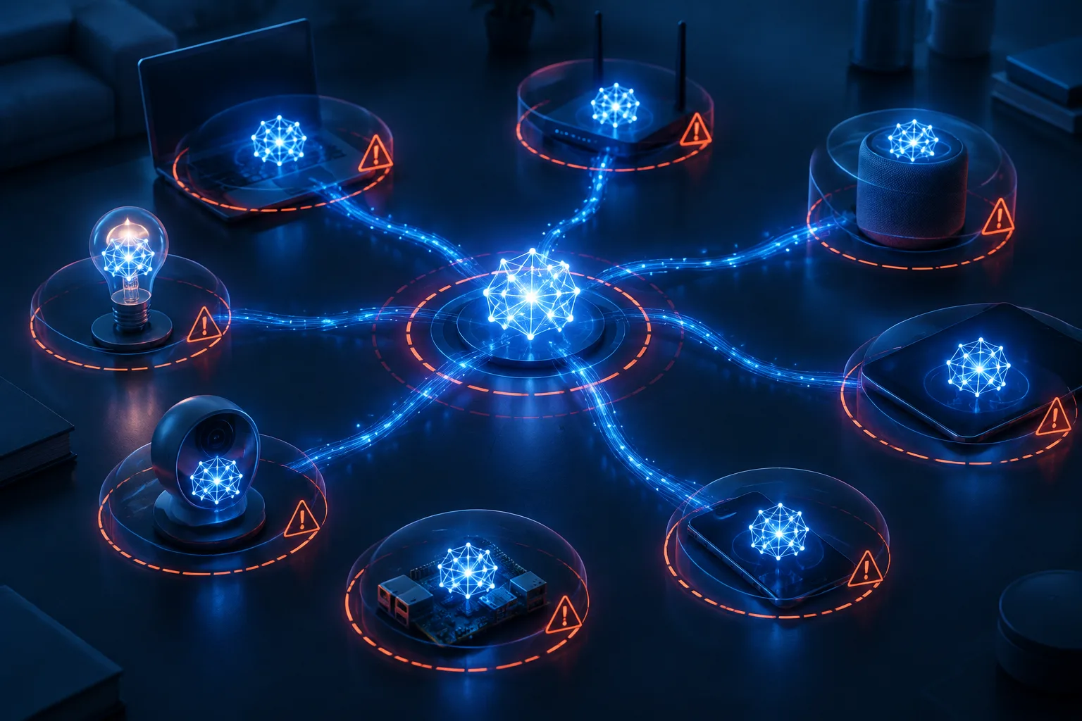 A glowing neural-network seed replicates across generic connected devices inside visible containment rings.