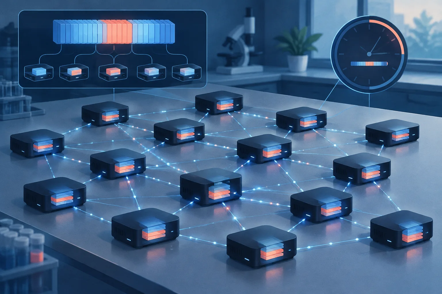 Fifteen generic streaming boxes share pieces of one distributed AI model in a laboratory-style illustration.