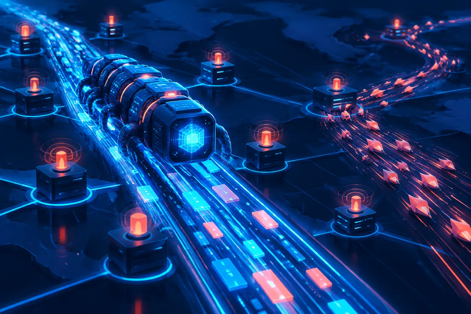 A large AI payload moves slowly through a monitored network beside a faster abstract malware swarm.