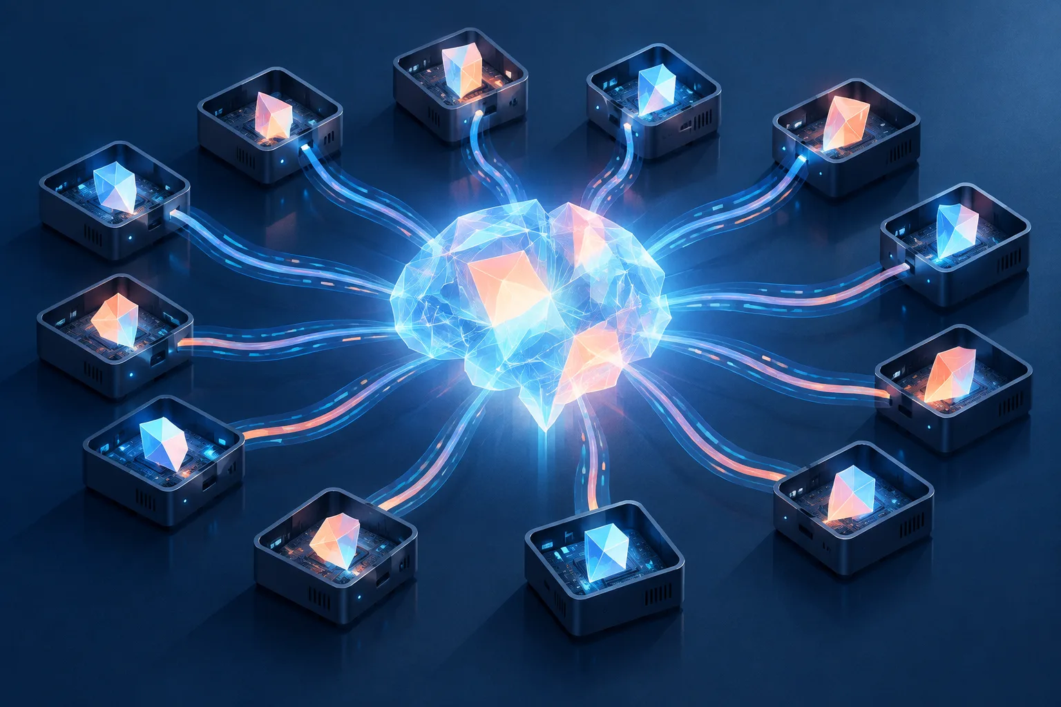 Fifteen low-cost computing boxes combine model shards into one distributed inference system.