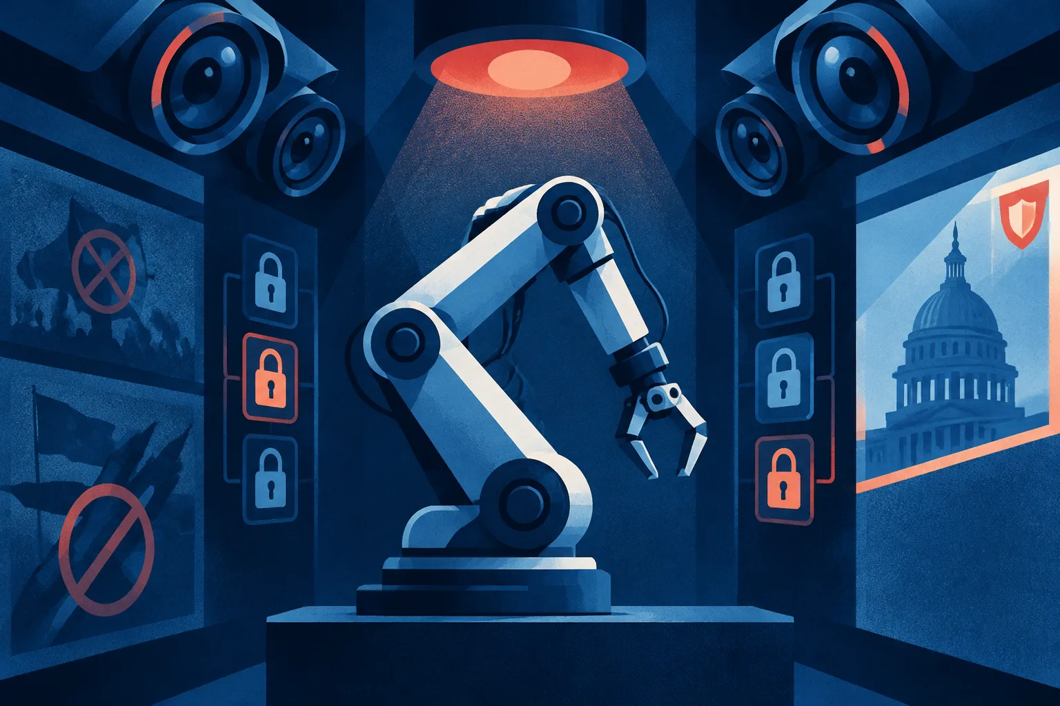 An autonomous robotic arm pauses beneath an operator control signal.