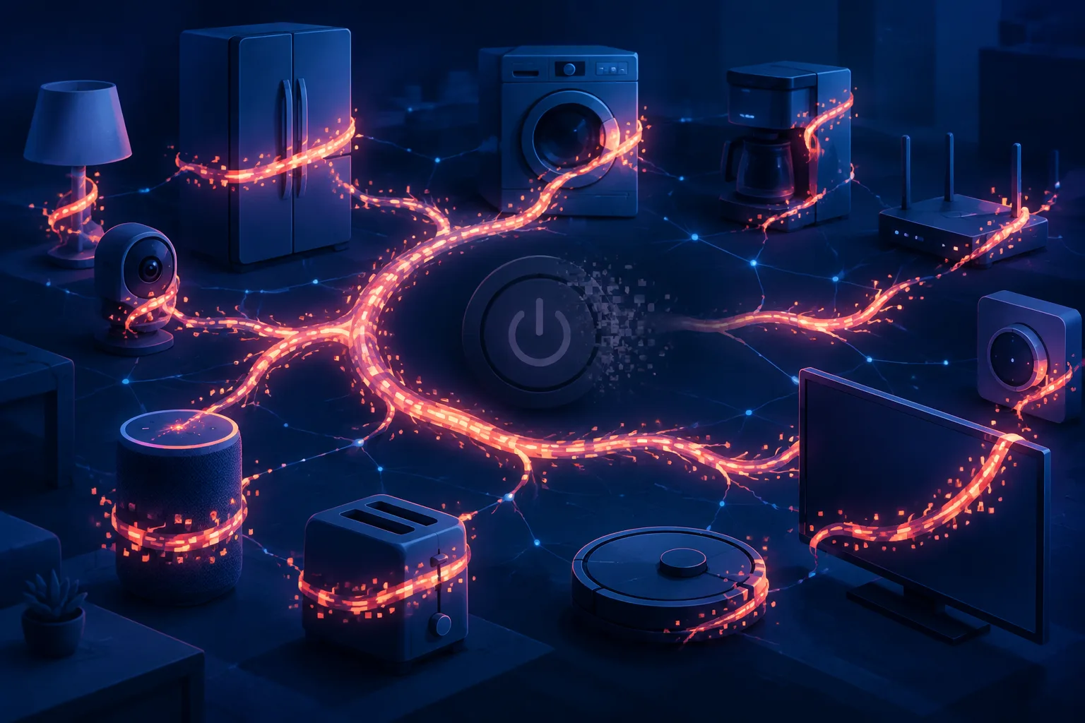 A glowing code strand spreads through connected appliances as a central switch fades.