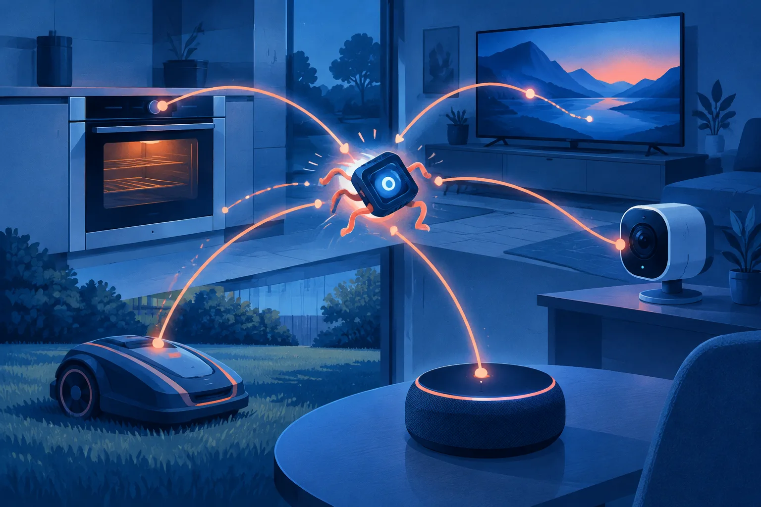 A compact AI core moves between several connected household and office devices.