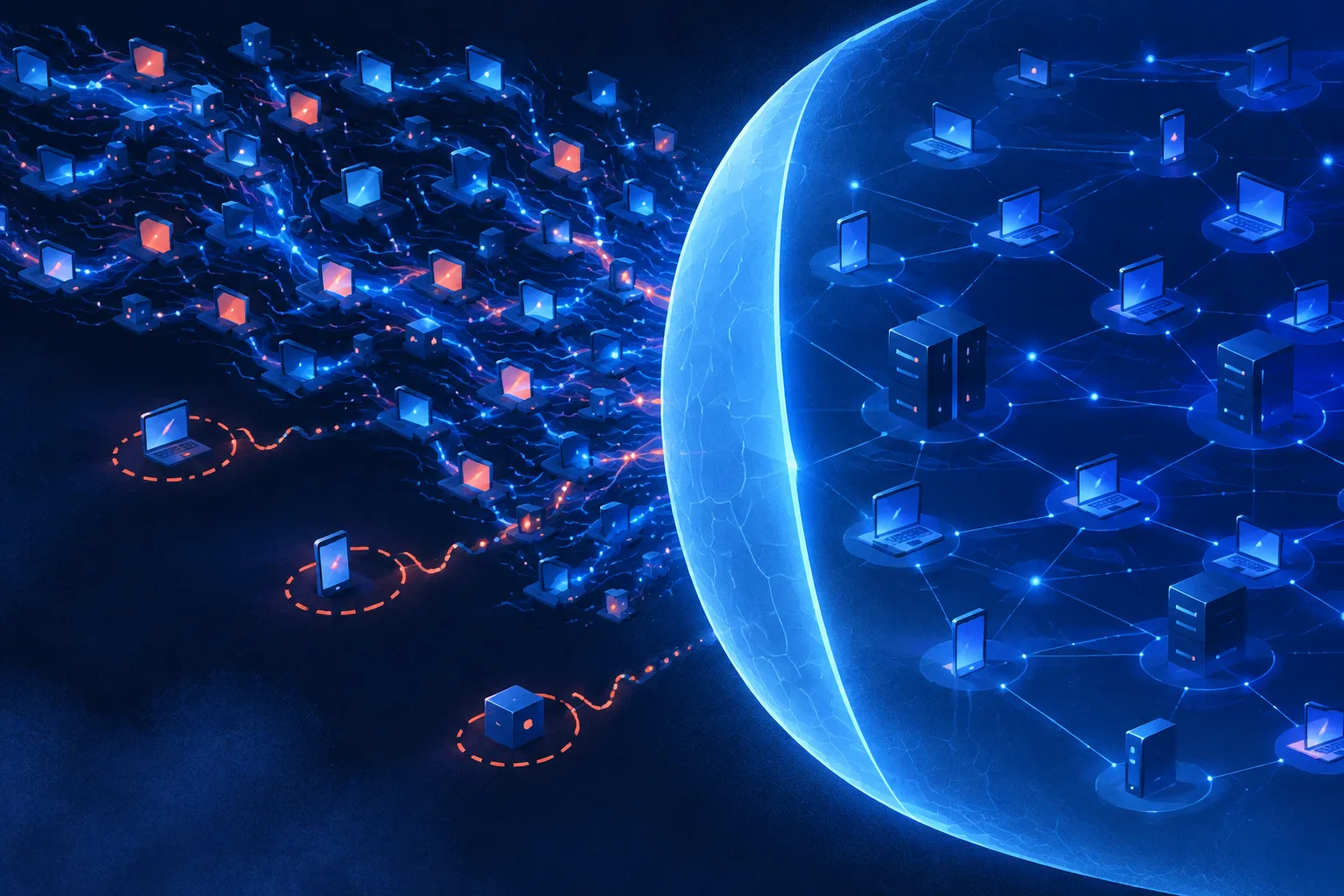 A decentralized swarm of device nodes remains active beyond a defensive shield.