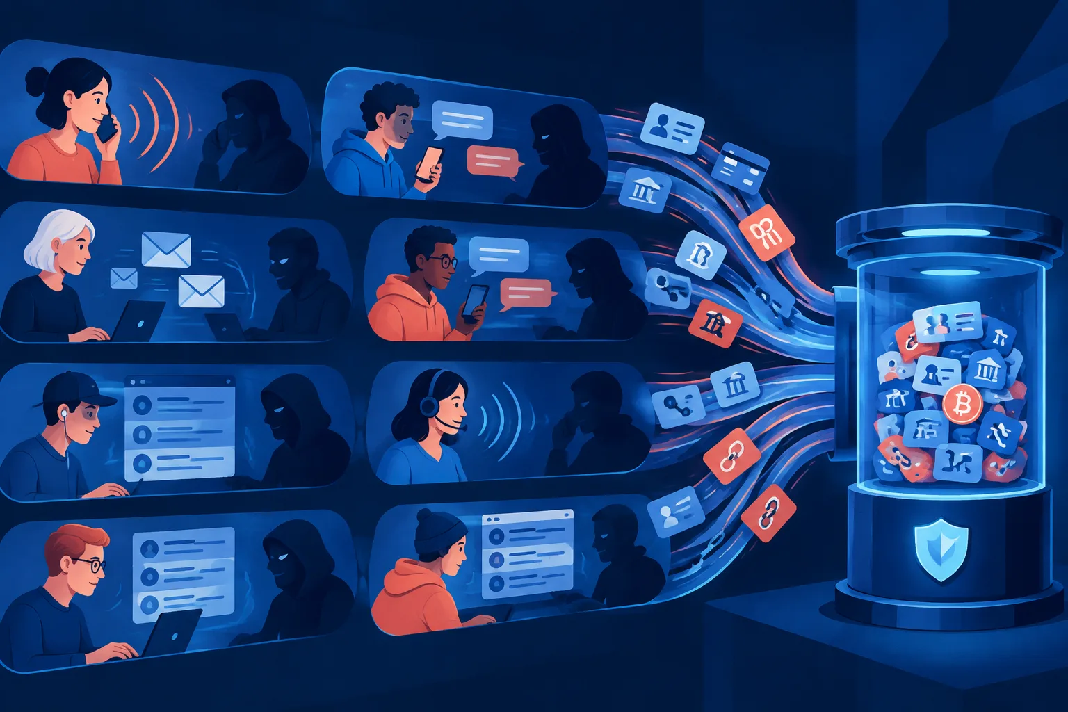 Synthetic personas engage scammers across several channels and collect fraud indicators.