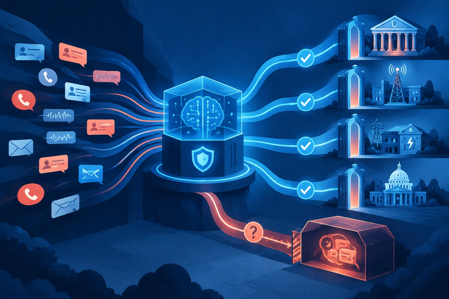 A fraud intelligence hub routes indicators to several institutional defense systems.