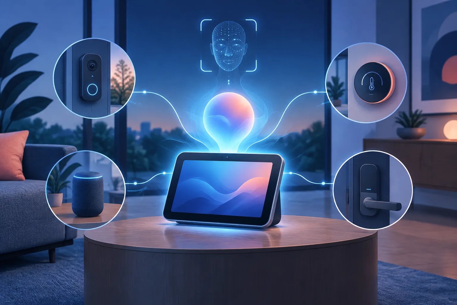 A smart-home hub connects an AI assistant to household devices in a modern room.