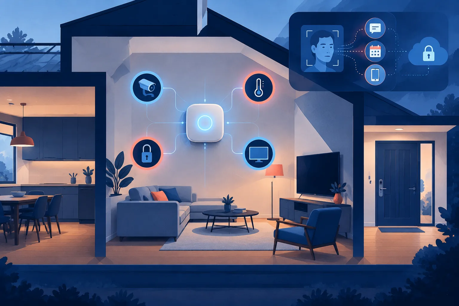 A wall-mounted hub coordinates cameras, climate, locks and entertainment devices.