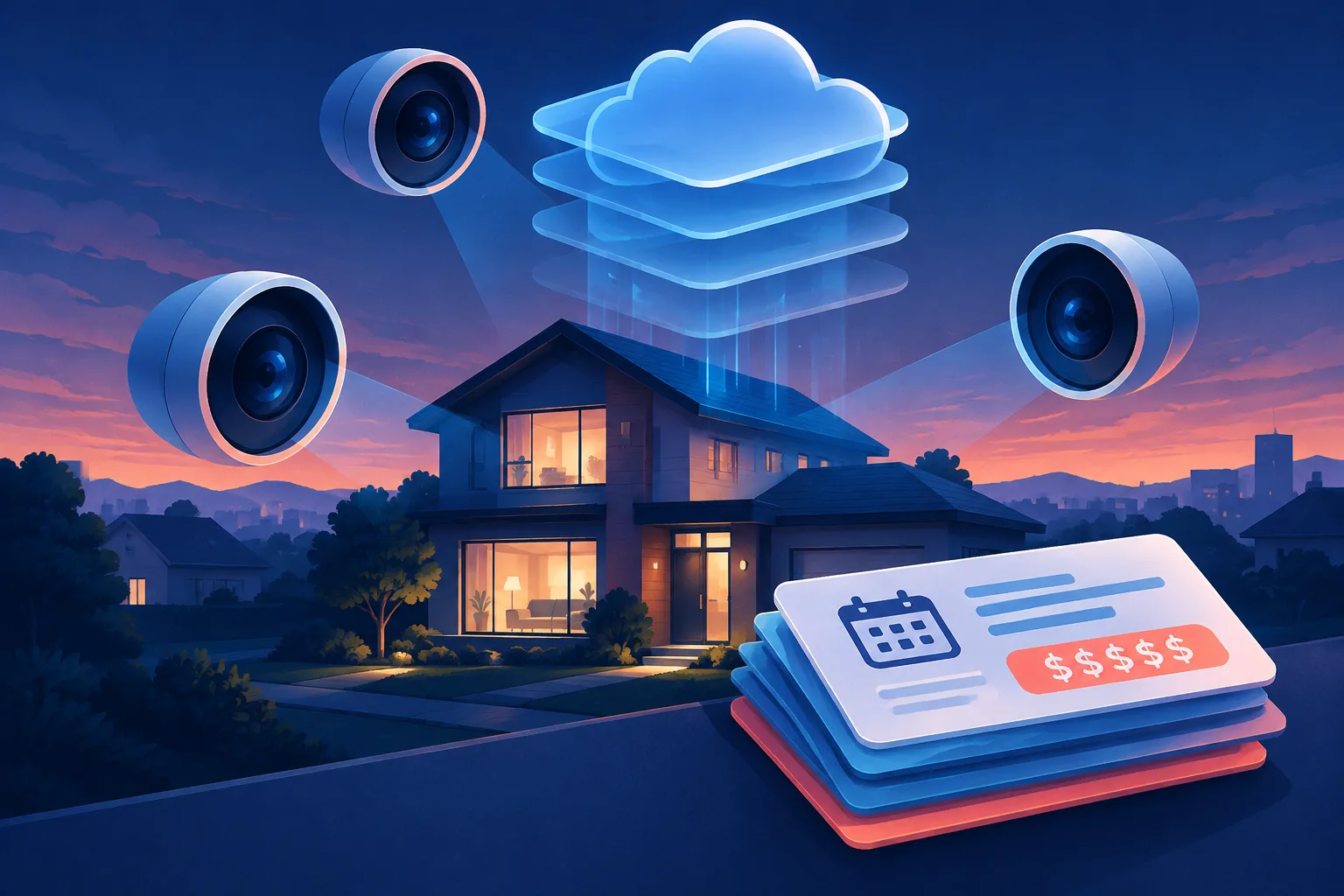 Illustration of a smart home, security cameras, cloud storage layers, and rising monthly bills.