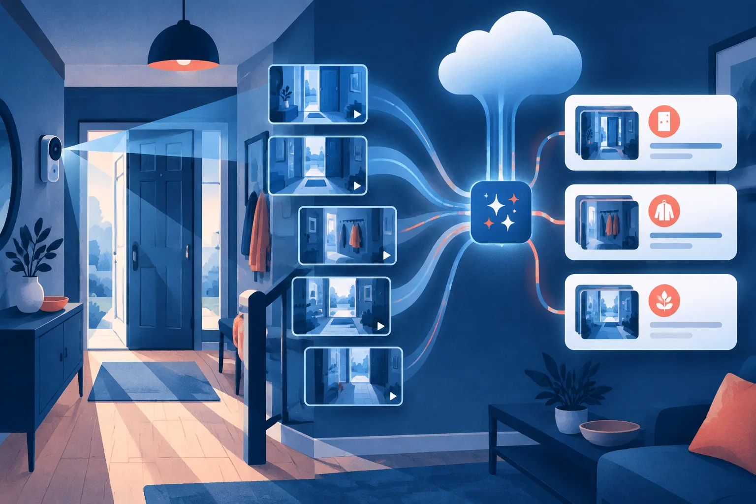 Abstract security-camera clips being grouped into a single summarized home event.
