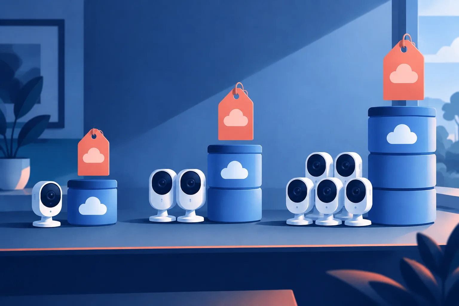 Several home cameras beside progressively larger cloud-storage containers and price tags.