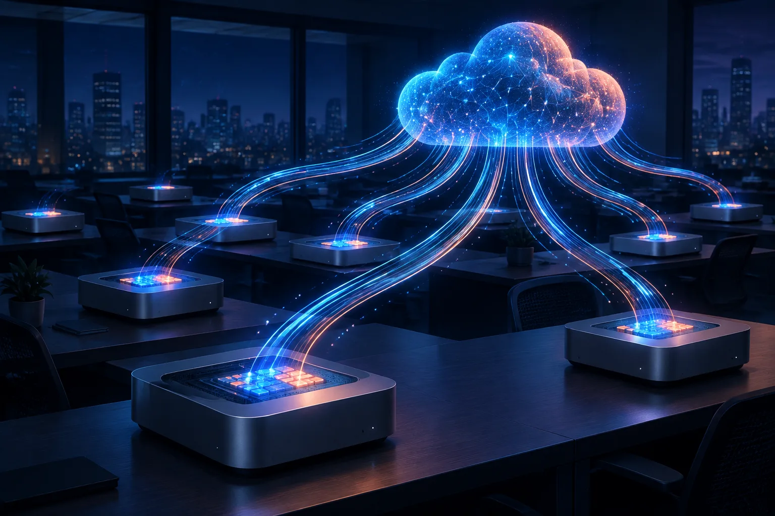 Idle compact desktop computers illuminate and connect to a shared AI compute cloud.