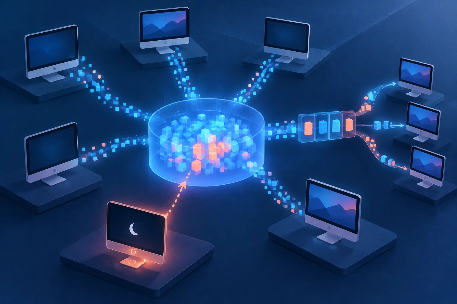 Generic desktop computers contribute spare processing capacity to a shared inference pool.