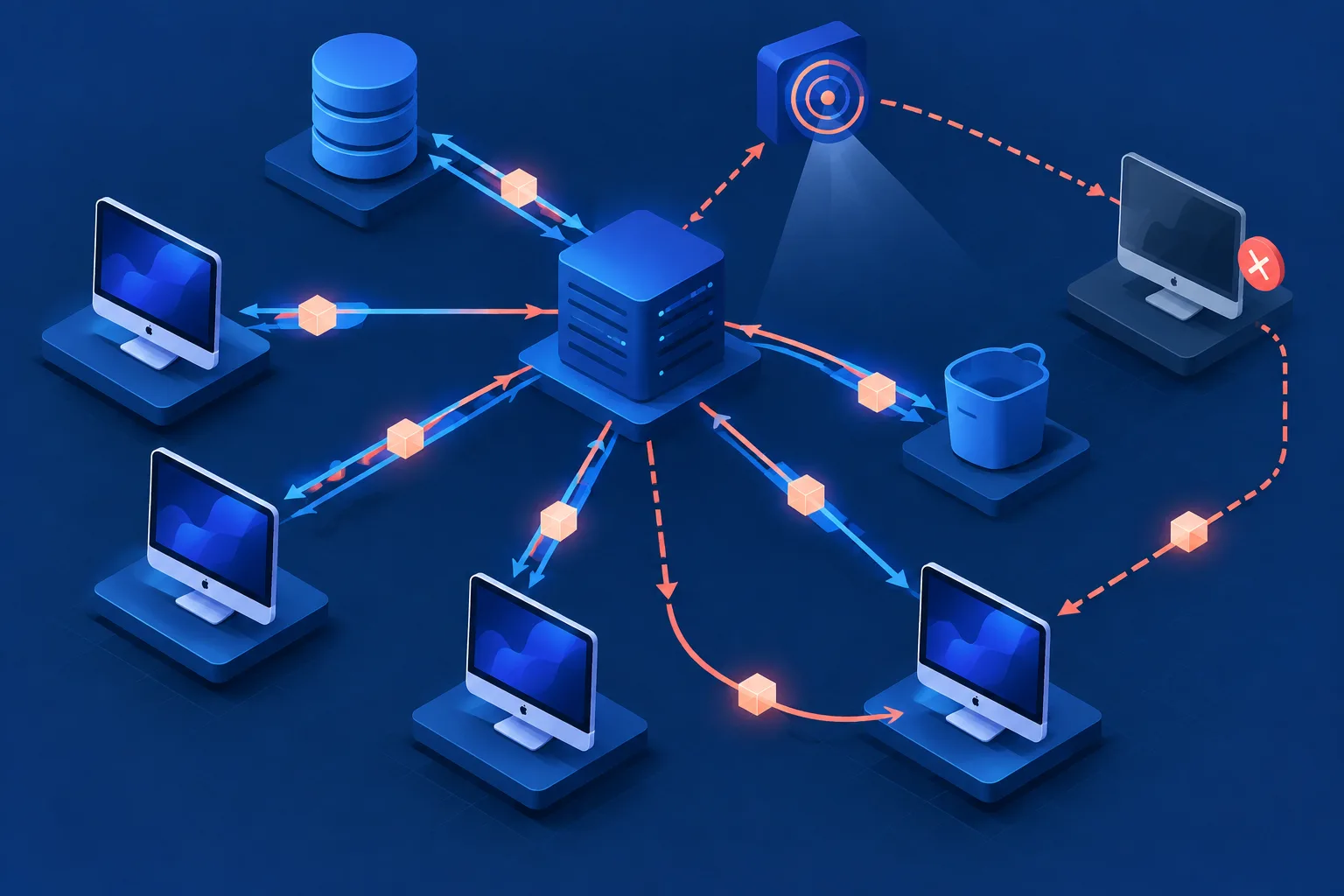 A coordinator redirects an AI task around an offline desktop worker in a distributed system.